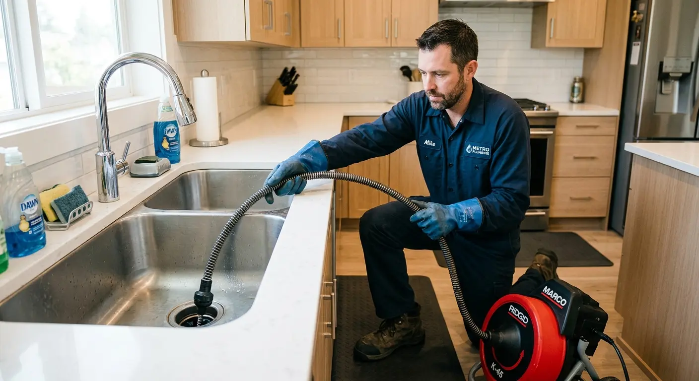 Drain cleaning technician using a motorized snake on a kitchen sink in Genoa