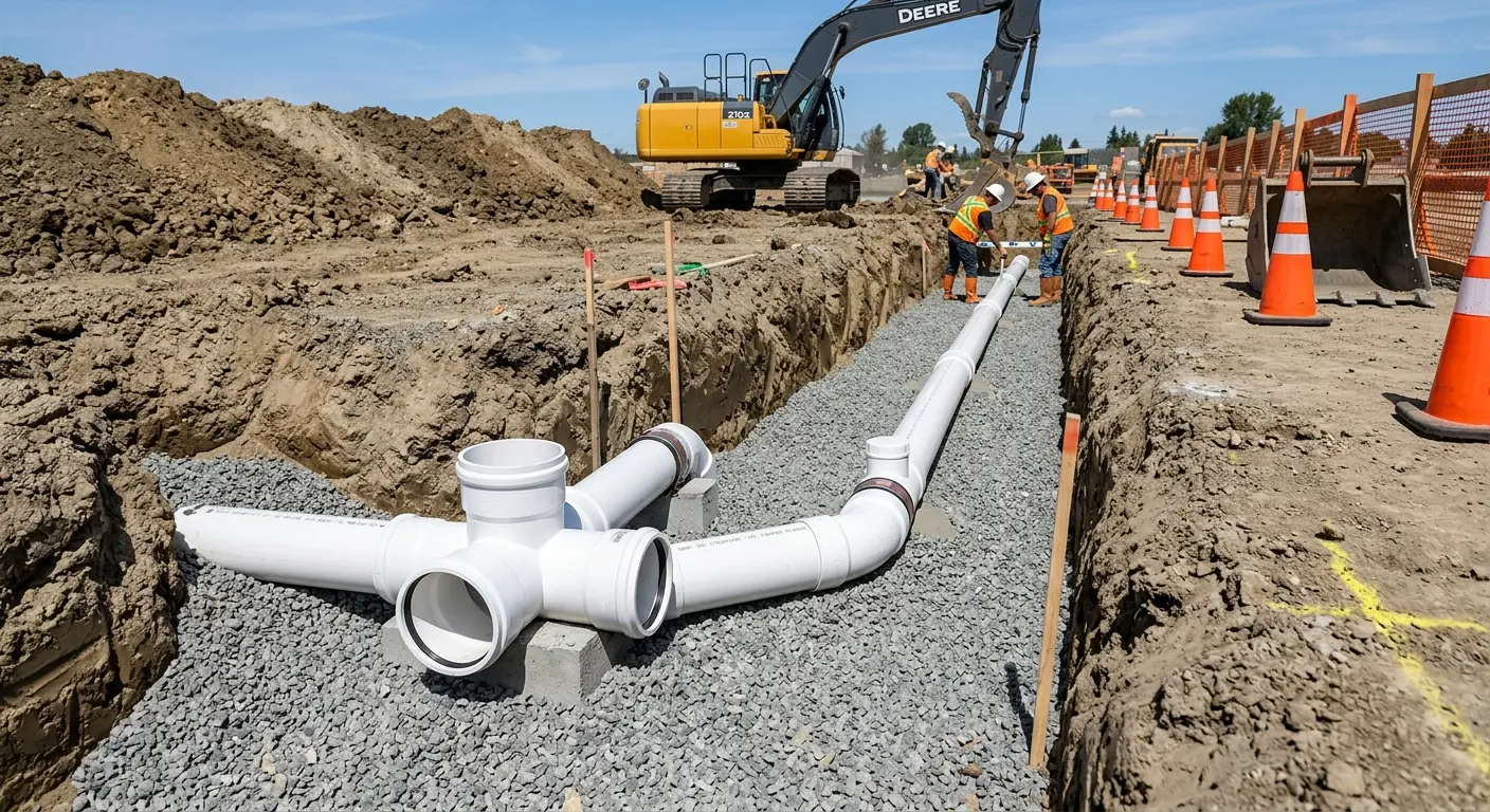 New PVC sewer pipe installation in open trench for Commercial Drain Cleaning in Genoa