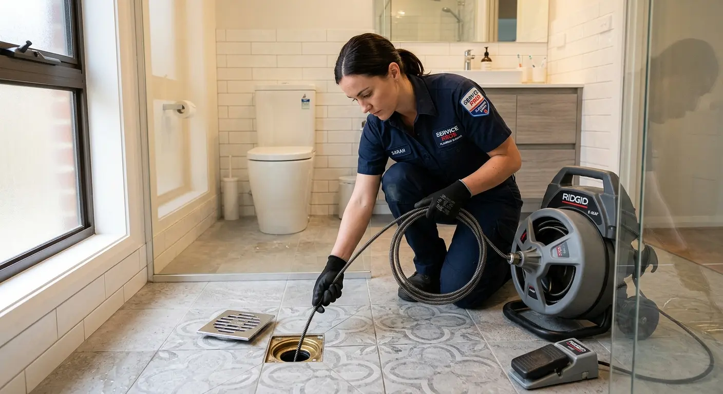 Technician clearing a bathroom floor drain for Drain Cleaning in Genoa